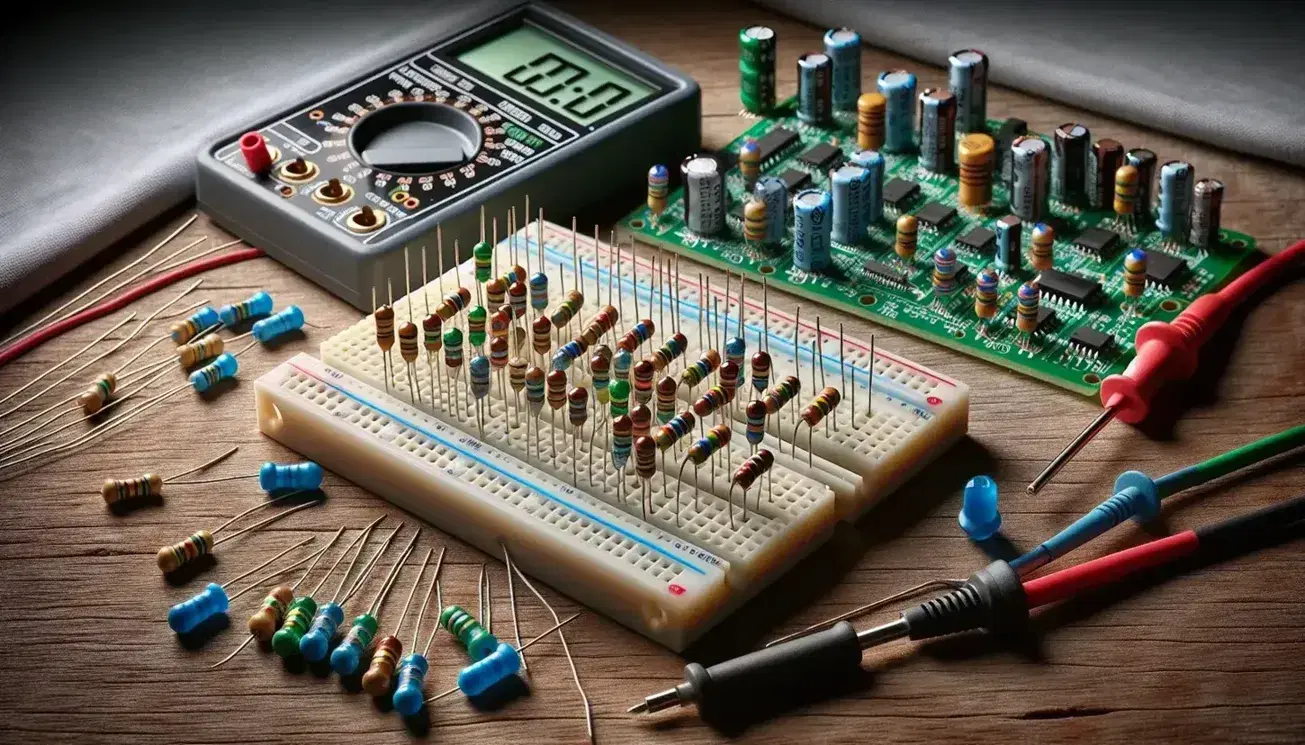 Tavolo in legno con componenti elettronici, breadboard bianca con resistenze colorate, condensatori blu e gialli, LED e multimeter digitale spento.