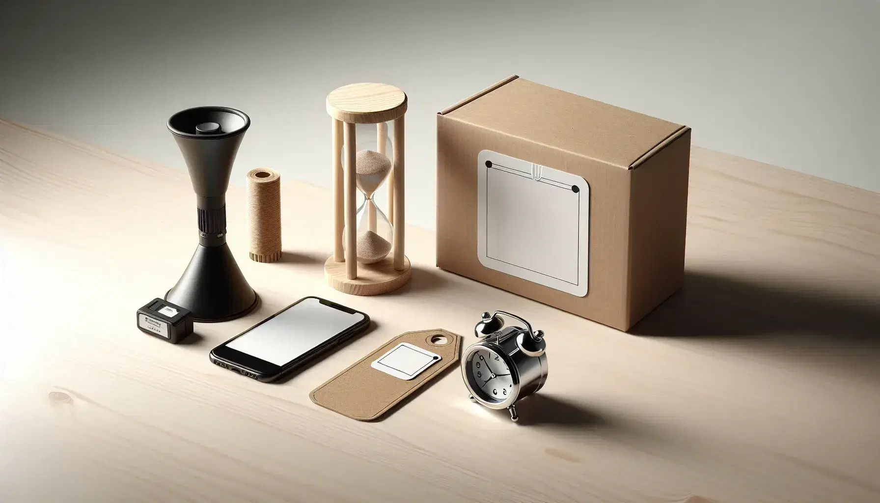 Mesa de madera clara con caja de cartón, etiqueta de precio en blanco, megáfono negro y reloj de arena con arena clara.