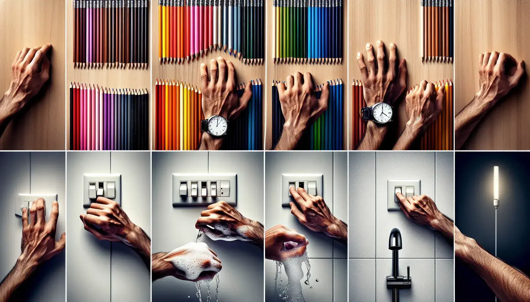 Mani di diverse tonalità di pelle compiono azioni ripetitive: ordinano matite colorate, controllano un orologio, lavano con sapone e azionano un interruttore.