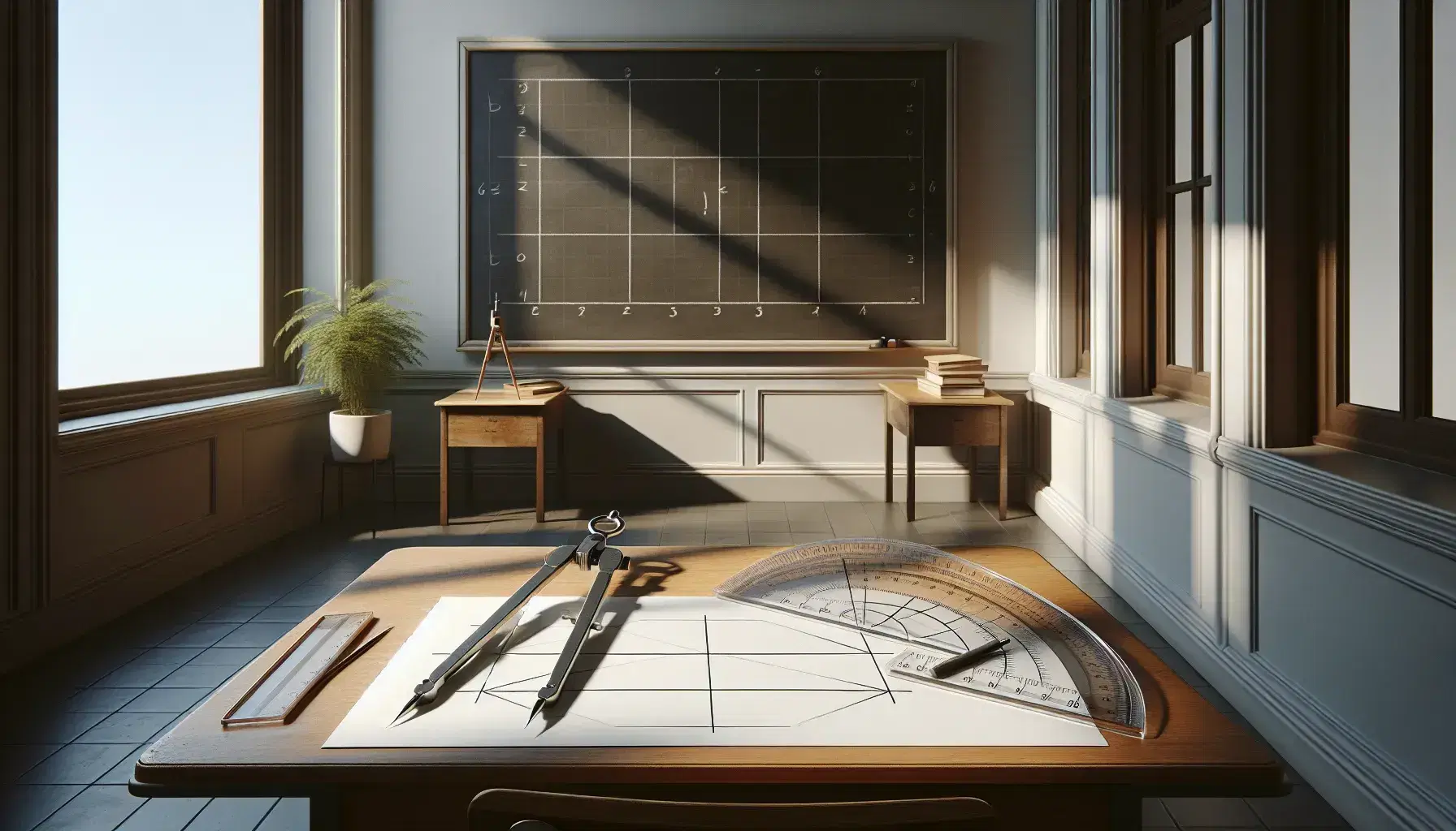 Serene classroom with a wooden desk holding geometric tools and a drawn rectangle on paper, near a plant on a window sill with natural light.