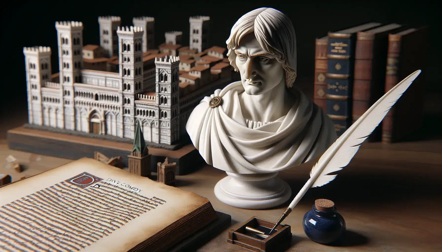 Busto in marmo di Dante Alighieri con espressione pensierosa, manoscritto della Divina Commedia sul leggio e calamaio con piuma accanto.