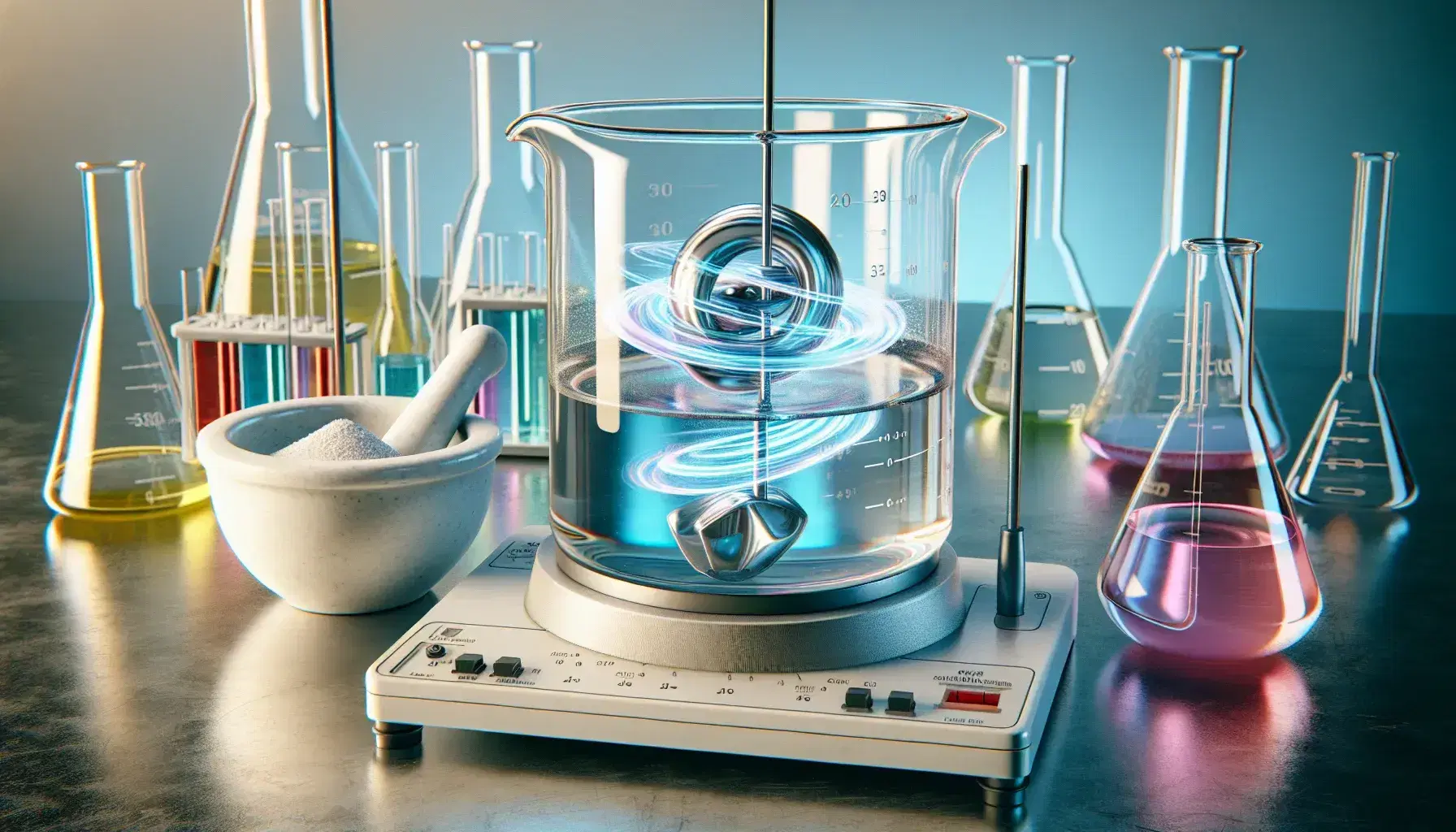 Laboratory experiment with beaker on magnetic stirrer, mortar with powder, colored flasks and distillation with burner.