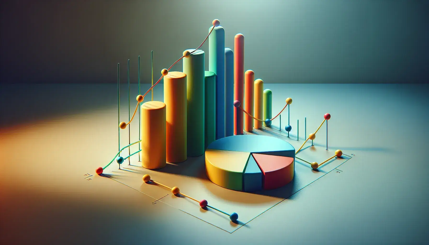 Gráficos estadísticos 3D con barras verticales, tarta en segmentos de colores y línea con puntos ascendentes y descendentes, sin texto.