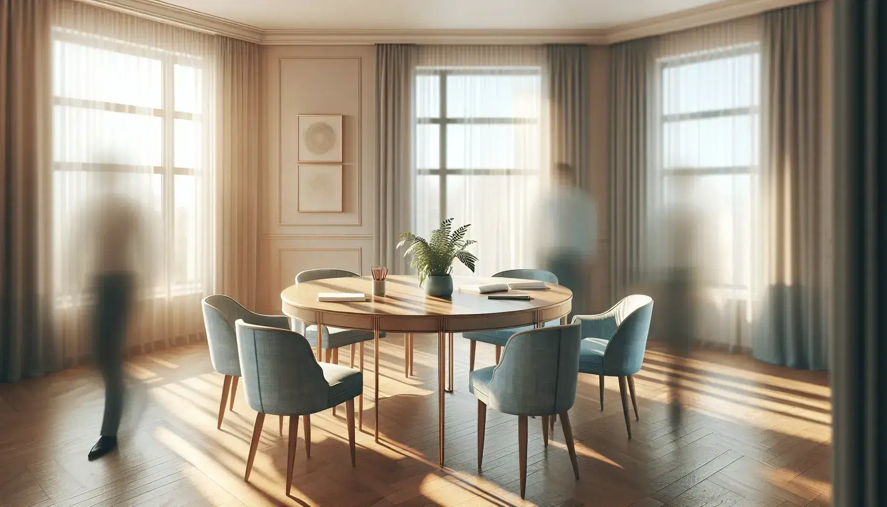 Sala de reuniones iluminada con mesa redonda de madera, sillas azul claro ocupadas por dos adultos y dos figuras infantiles borrosas, ventana con cortinas blancas y decoración minimalista.