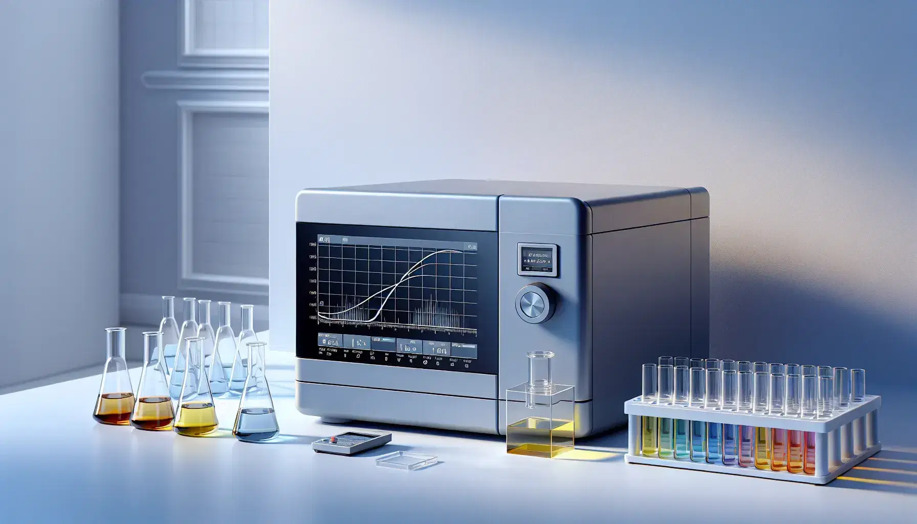 Espectrofotómetro UV-Vis de sobremesa en tono gris metálico con pantalla digital y gráfico de línea, acompañado de cuvetas de cuarzo con soluciones de colores graduados de amarillo pálido a azul intenso.