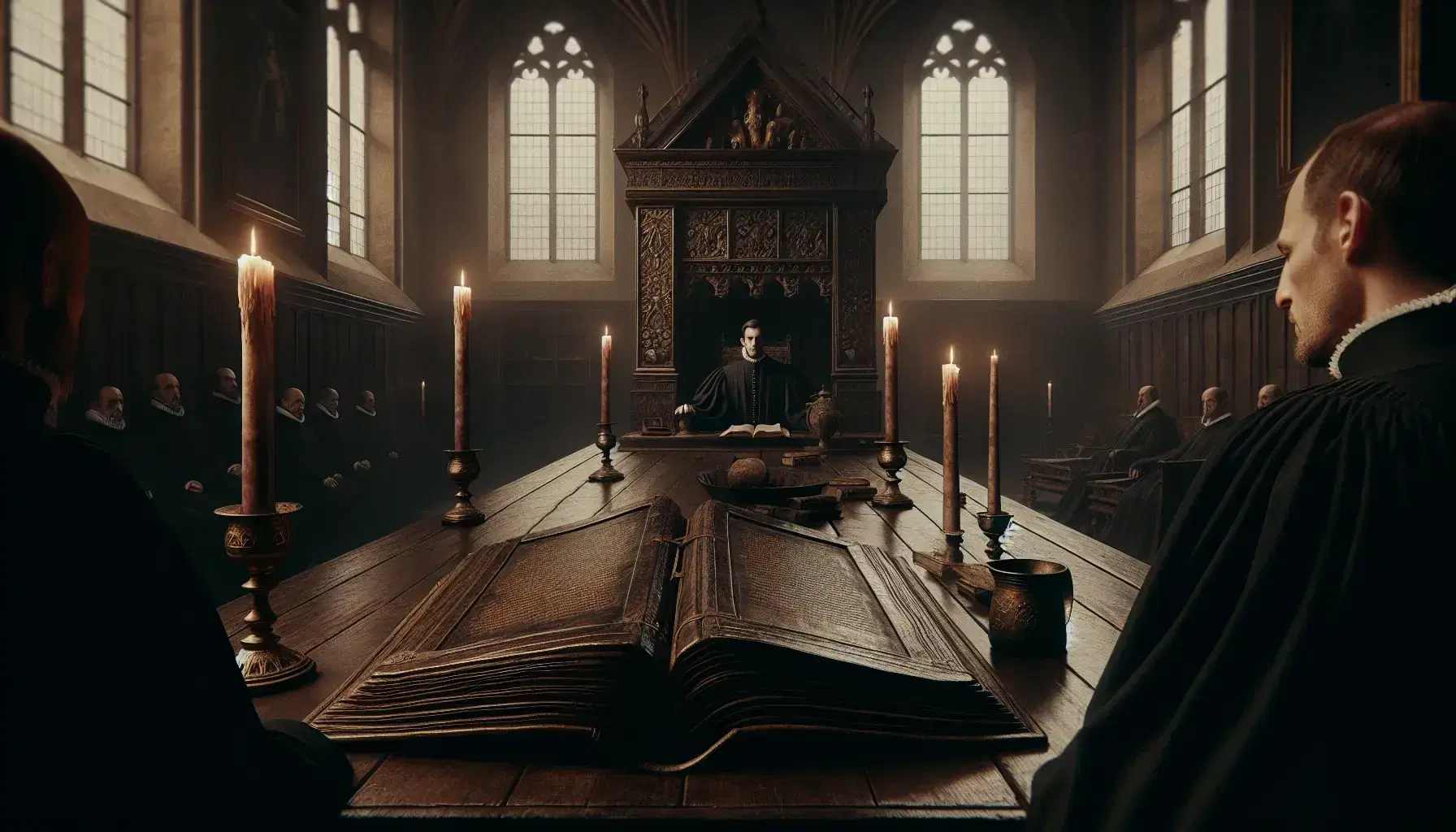 Dimly lit historical room with arched windows, a large wooden table with an open book, unlit candles, and a man in 16th-century attire deep in thought.