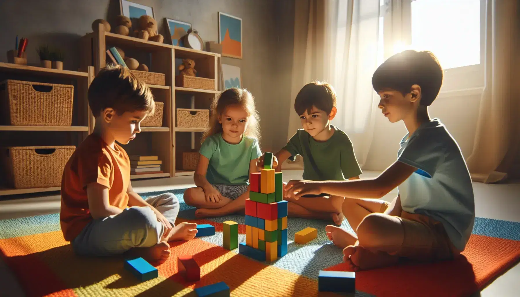 Cuatro niños sentados en círculo sobre alfombra colorida construyen torre con bloques de madera mientras dos observan y señalan en una habitación iluminada naturalmente.