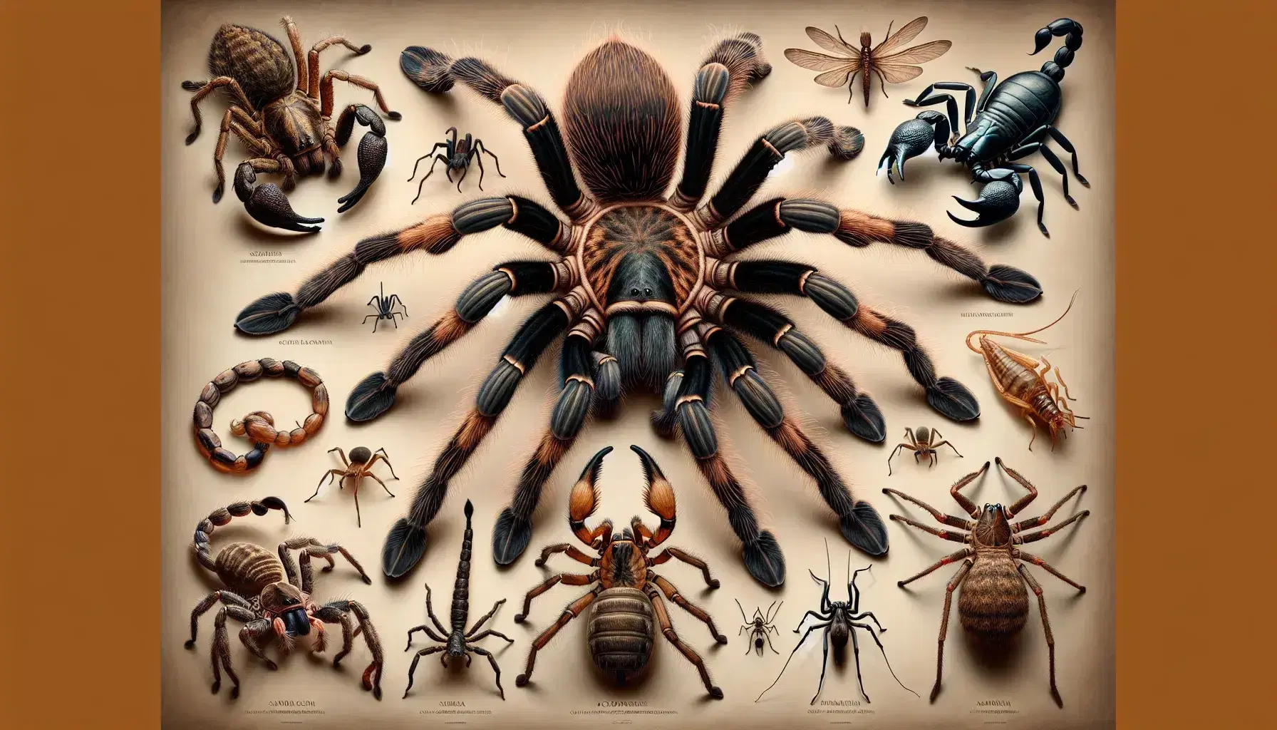 Close-up of diverse arachnids including a tarantula, scorpion, camel spider, whip scorpion, and harvestman on a soft gradient background.