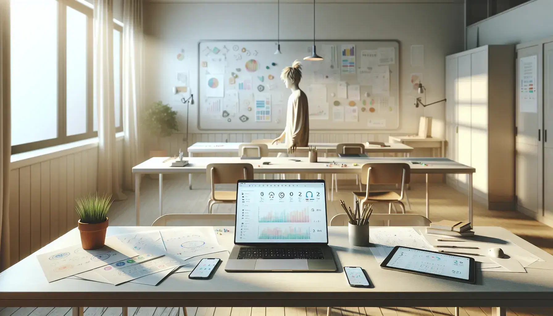 Ufficio scolastico moderno e luminoso con scrivania, laptop, tablet, smartphone, pianta verde e persona sfocata che digita.