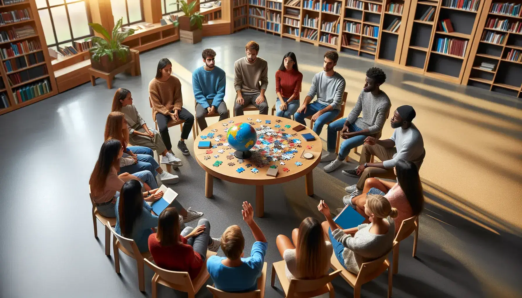 Grupo diverso de estudiantes sentados en círculo en una biblioteca, discutiendo animadamente alrededor de una mesa con un puzzle parcialmente armado y un globo terráqueo.