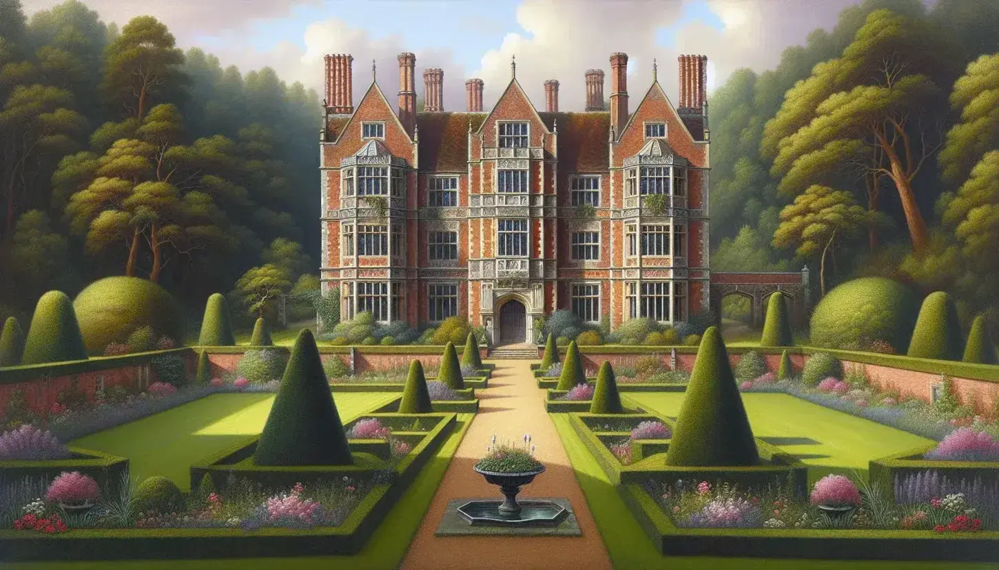 Elizabethan country house with red brickwork, white windows, symmetrical facade, and decorative chimneys, surrounded by manicured lawns, topiary, and a blooming formal garden.
