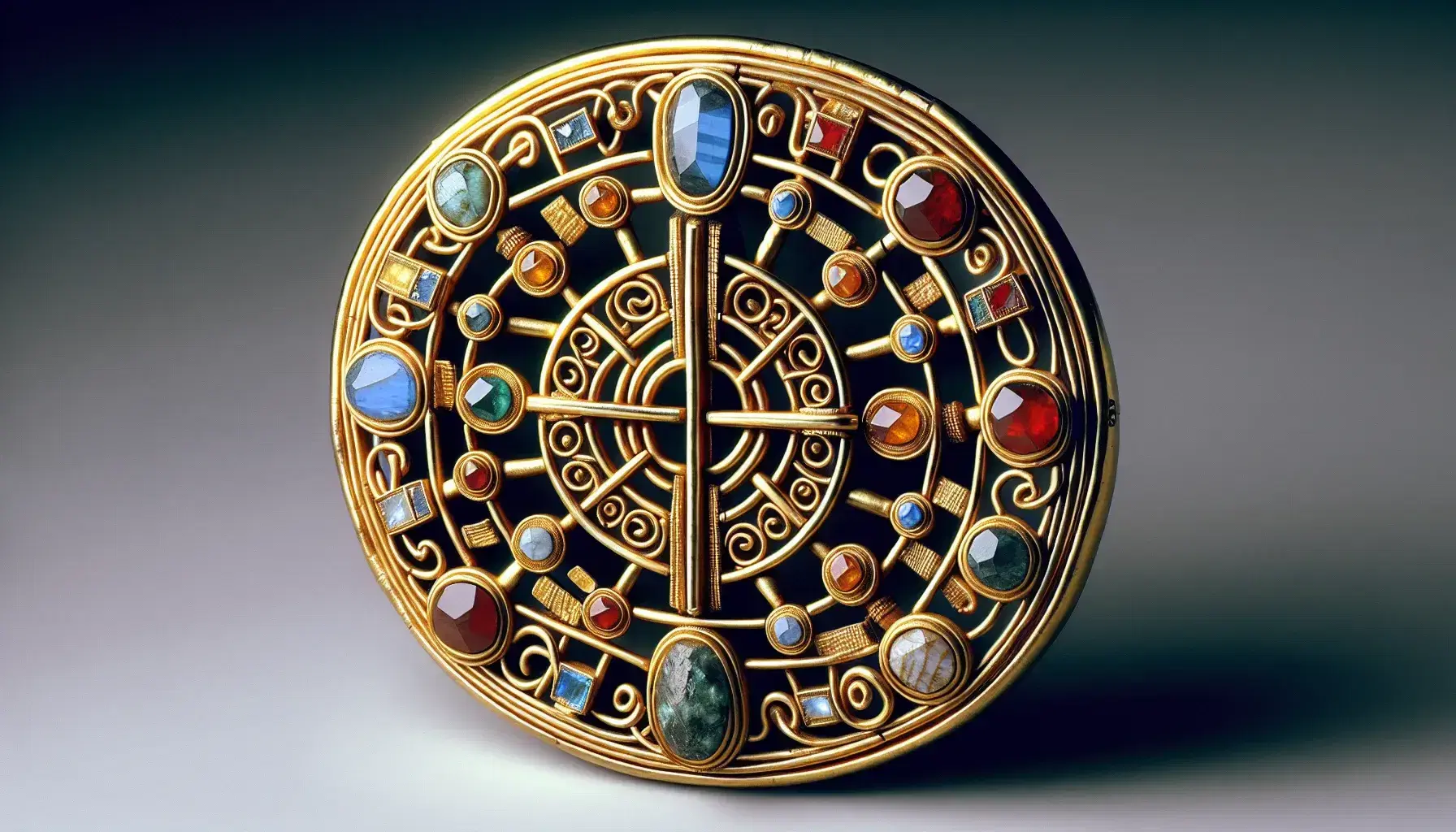 Fibula lombarda in oro con intarsi di pietre preziose rosse, blu e verdi in forme geometriche, bordi decorati con nodi artistici.