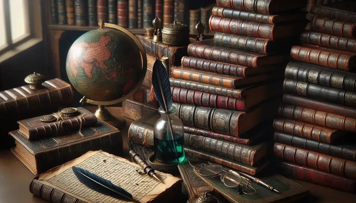 Libri antichi in pelle impilati con segni di usura, pesi in bronzo, penna d'oca e occhiali su sfondo di mappamondo antico.