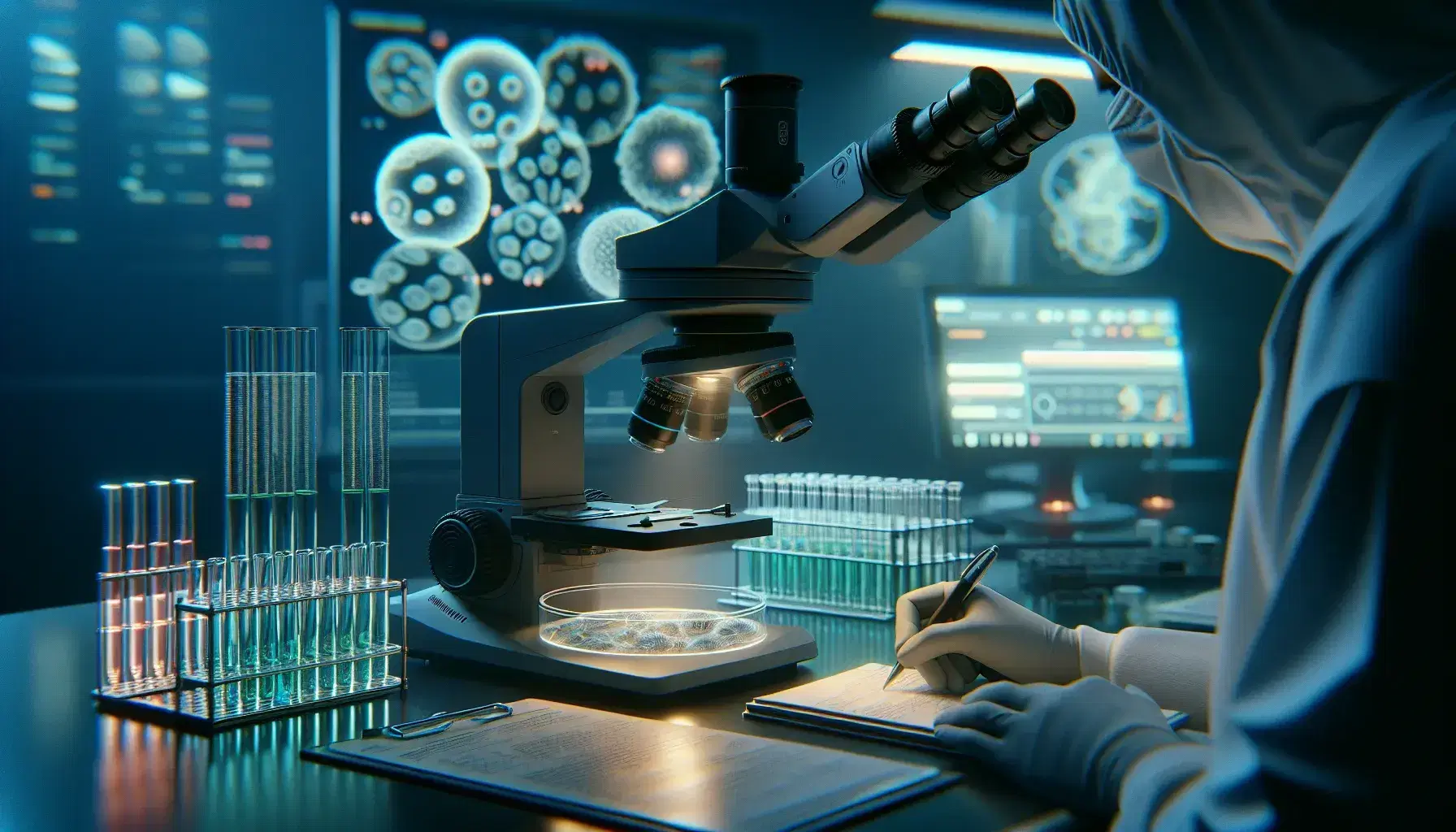 Microscopio elettronico in laboratorio di genetica con provette colorate, coltura cellulare in Petri e scienziato sfocato in background.