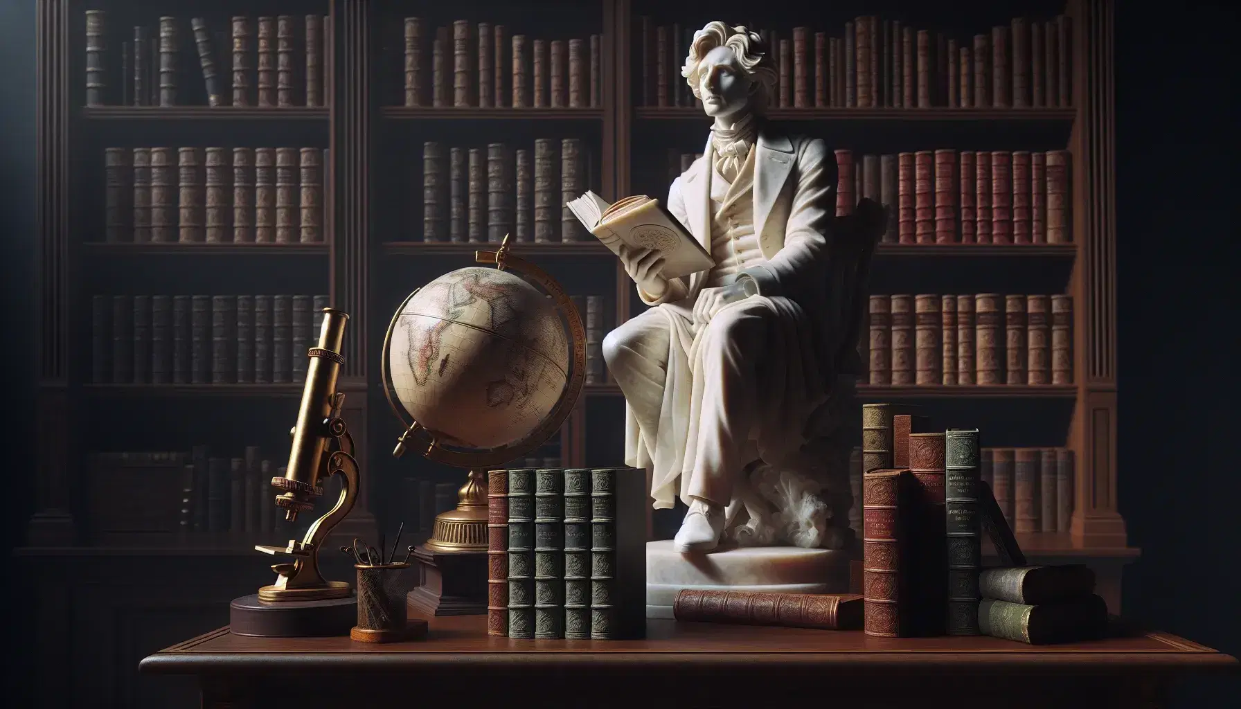 Statua marmorea bianca di figura seduta con libro aperto, biblioteca con scaffali in legno scuro e libri rilegati, globo terrestre antico e telescopio vintage.