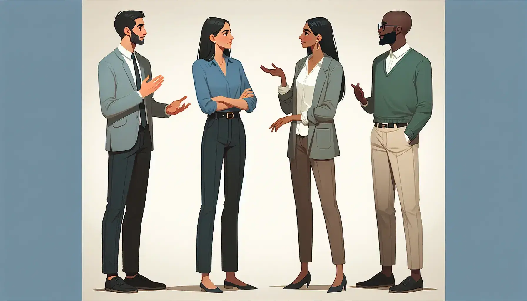 Four colleagues of different ethnicities discuss: Caucasian woman with arms folded, Middle Eastern man gestures, South Asian woman nods, Black man reflects.