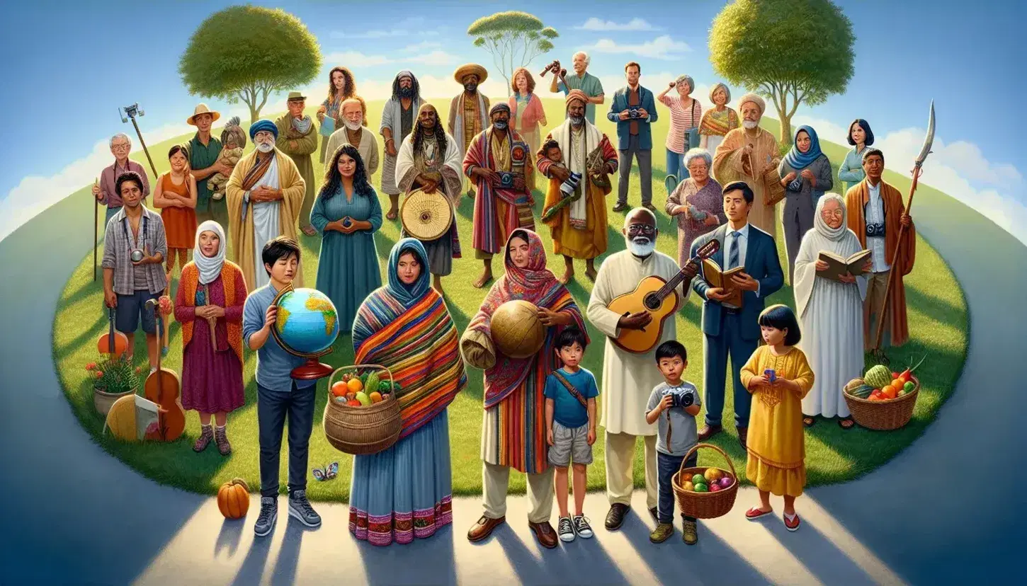 Grupo diverso de personas con objetos culturales, hombre sosteniendo globo terráqueo, mujer con instrumento de cuerda y niño con juguete tradicional, en un entorno natural.