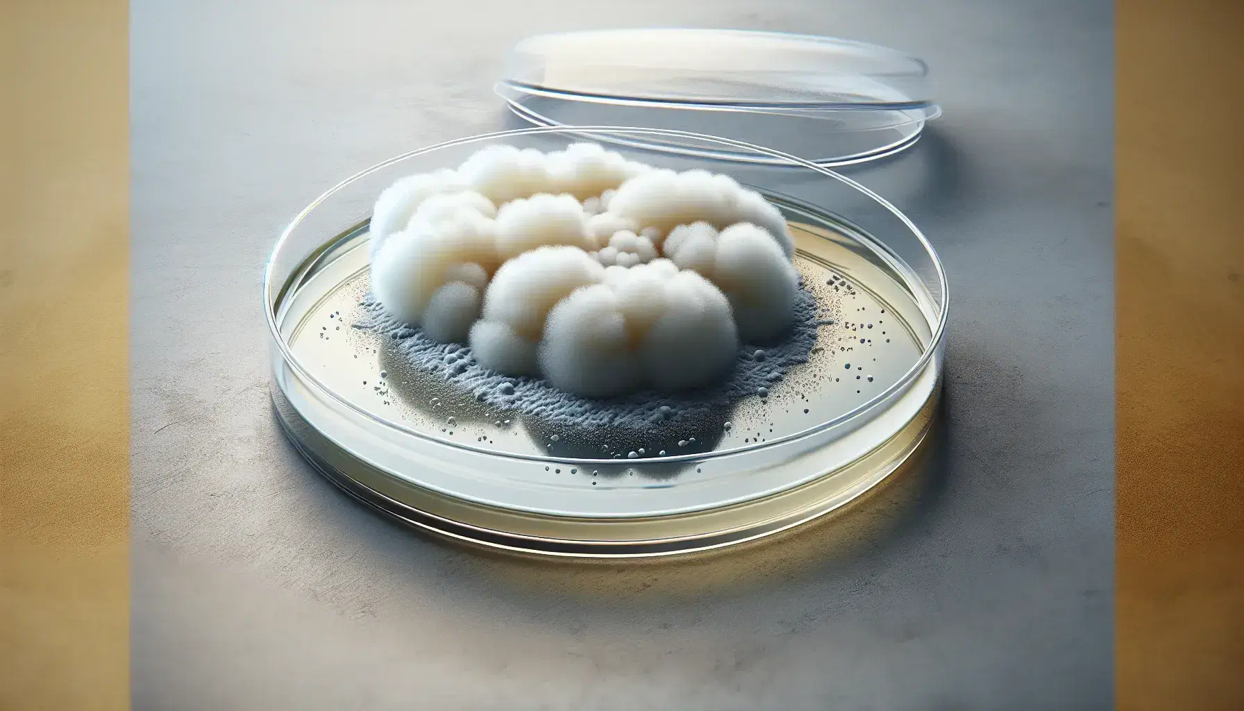 Petri dish with white mold exhibiting a zone of inhibition on a yellow growth medium, against a blurred laboratory backdrop.