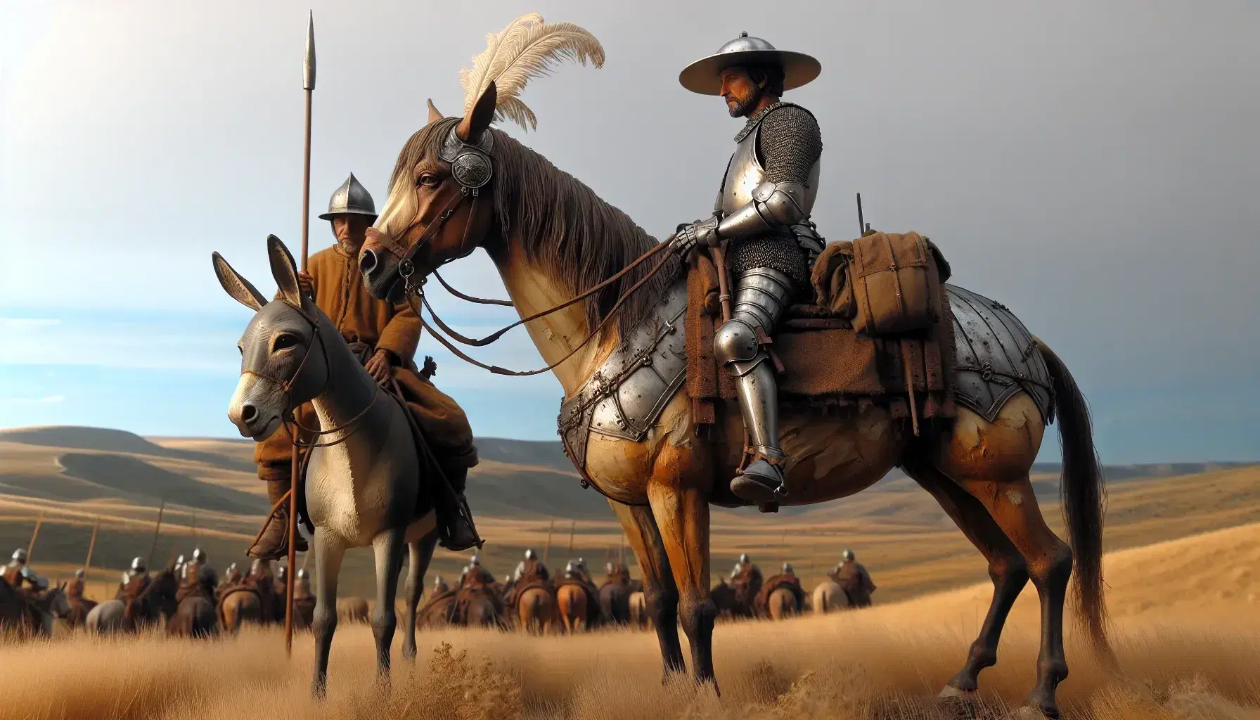 Escena del Siglo de Oro español con dos jinetes, uno en caballo flaco y otro en burro gris, ambos en campo abierto con colinas y cielo azul.