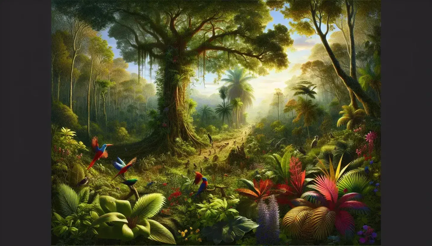 Vista panorámica de un bosque tropical con árboles frondosos, flores coloridas y un arroyo serpenteante, bajo un cielo despejado.