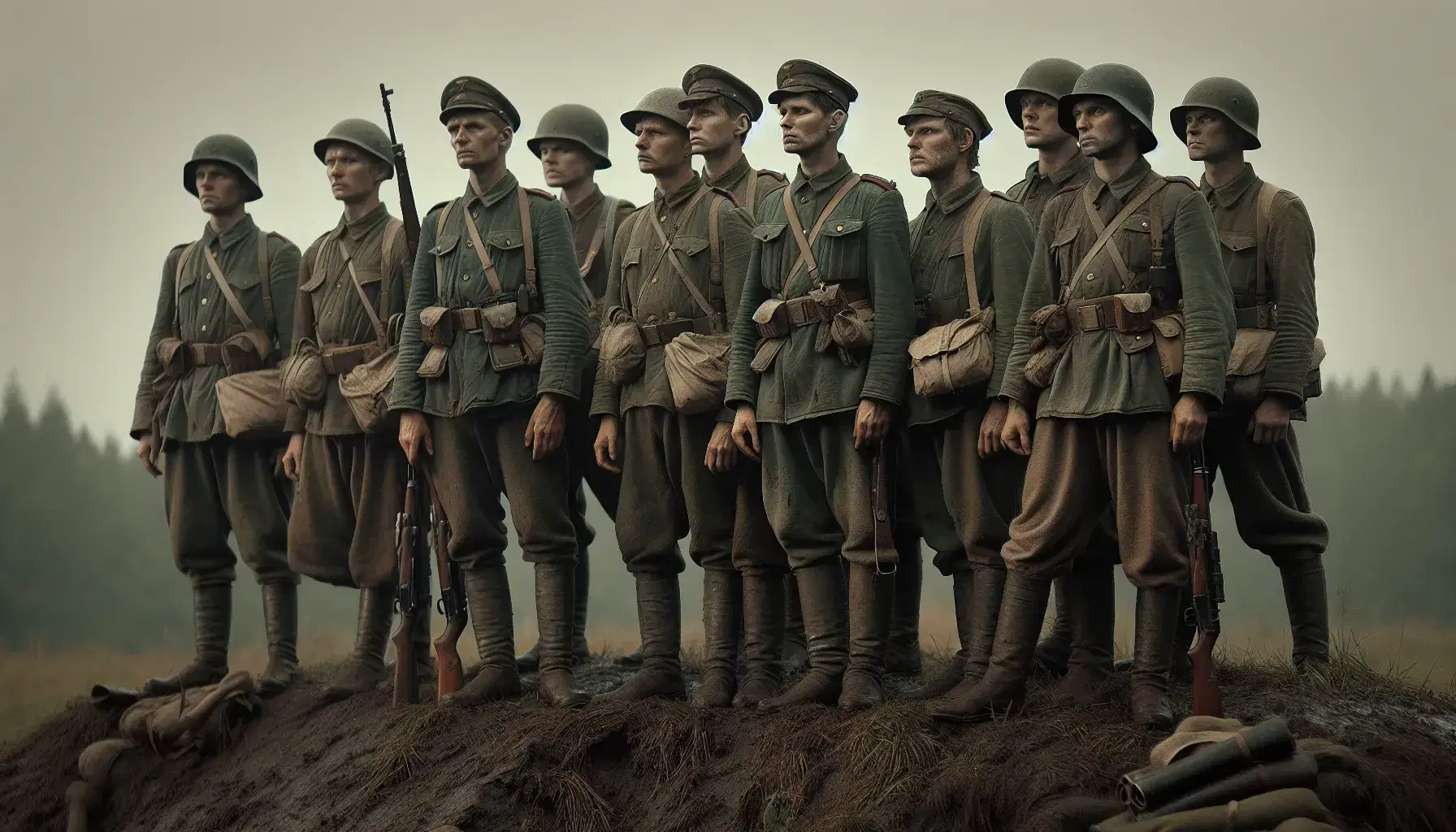 Gruppo di otto soldati in uniformi militari verdi su terreno erboso con armi e binocoli, in atteggiamento di vigilanza, sotto cielo nuvoloso.