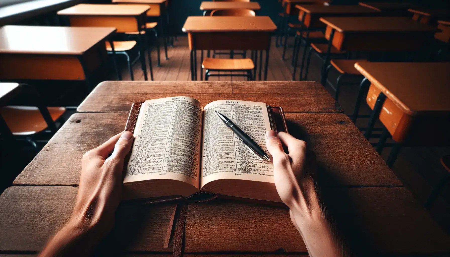 Close-up of hands holding an open French-English dictionary on a dark wooden table, with a blurred classroom and notebook in the background.