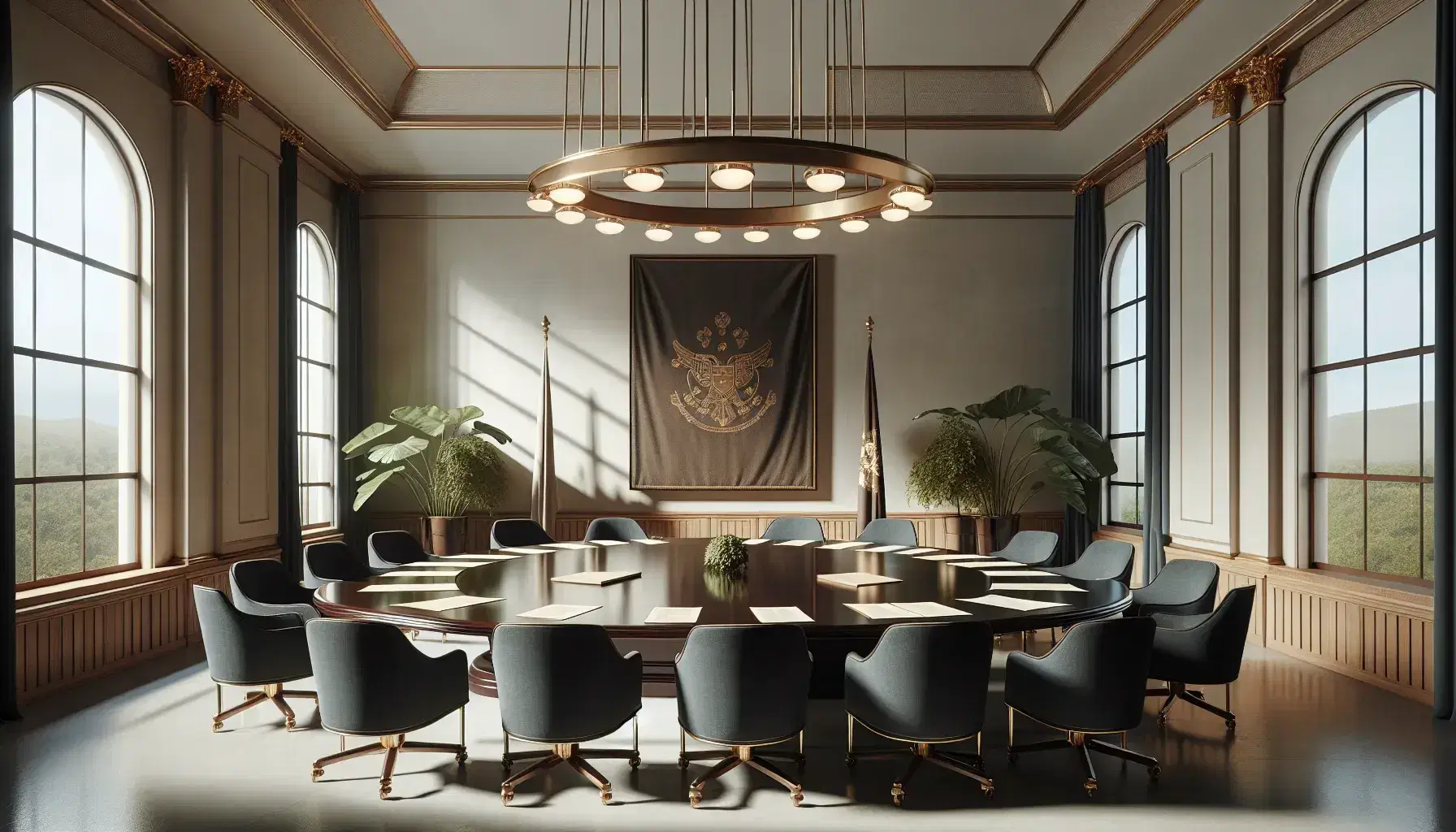Sala de reuniones elegante con mesa ovalada de madera, sillas altas azul oscuro, lámparas colgantes, bandera sin insignias y ventana con vista al cielo.