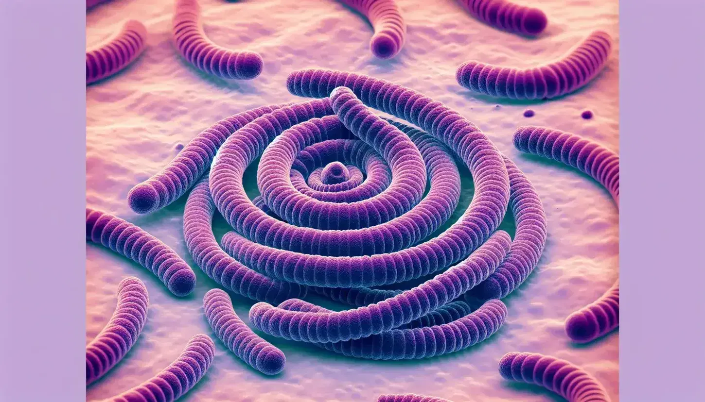 Spiral-shaped bacteria with helical structure, stained violet from Gram-staining procedure, against pale pink background, under microscopic view.