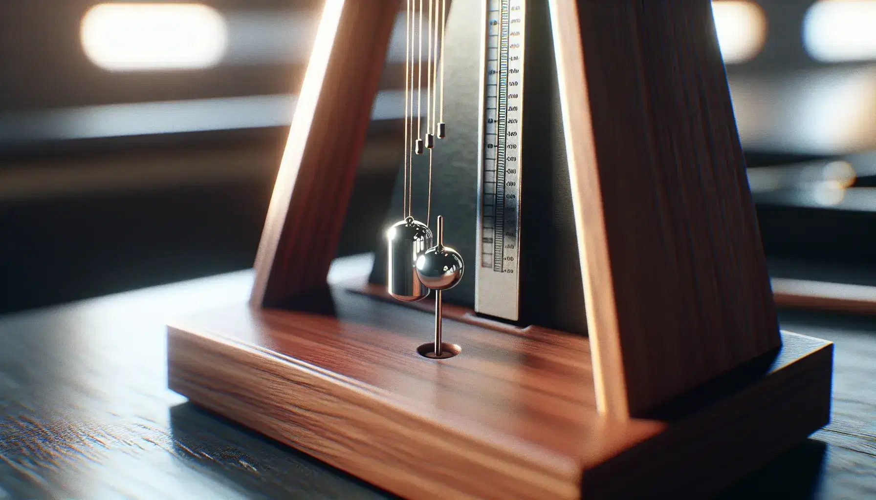 Close-up view of a wooden metronome with a glossy black pendulum and silver weight in motion, set against a blurred, muted background.