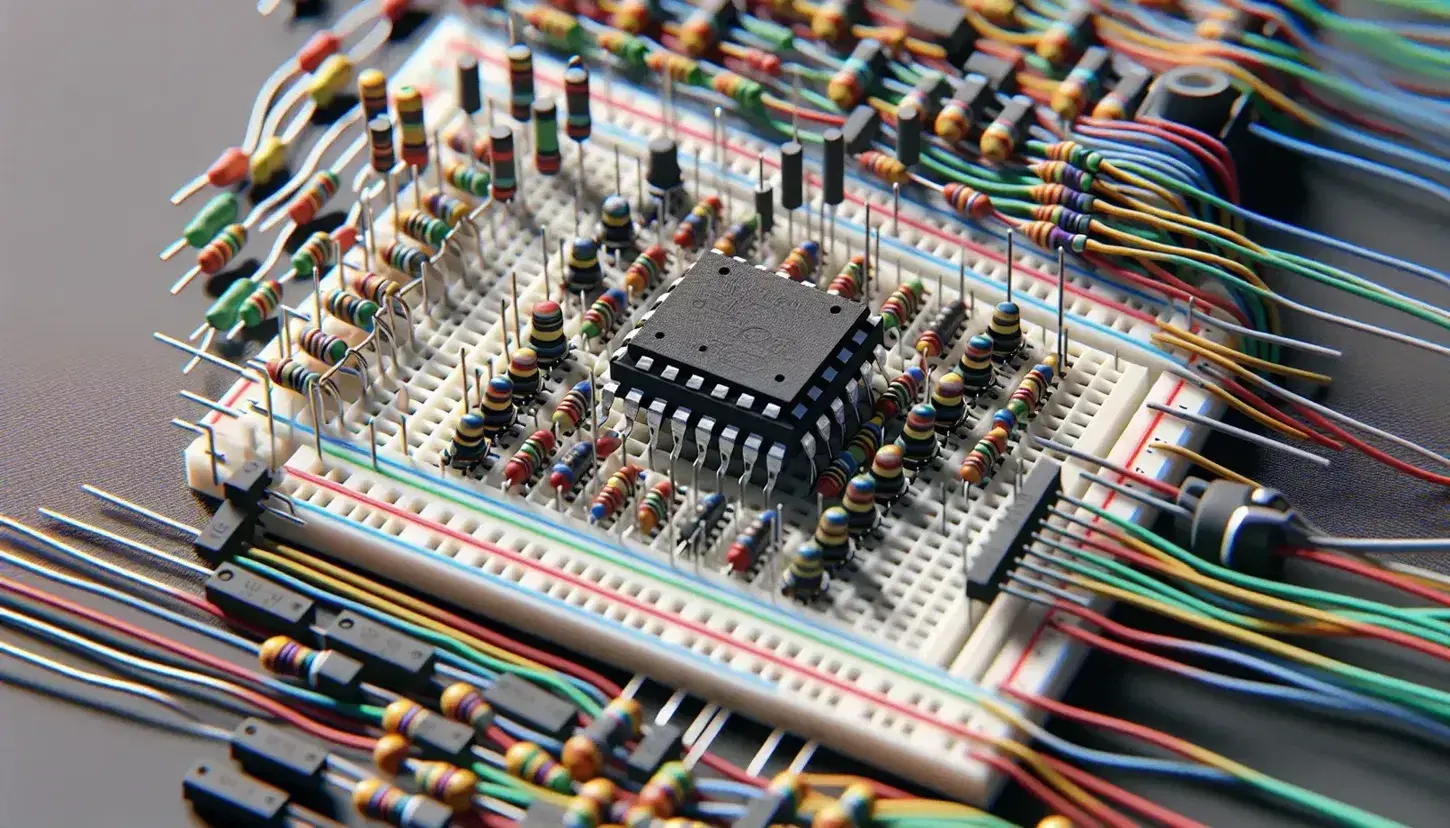 Close-up of an electronic breadboard with integrated circuits, colored wires, colored band resistors and LEDs in a complex circuit.