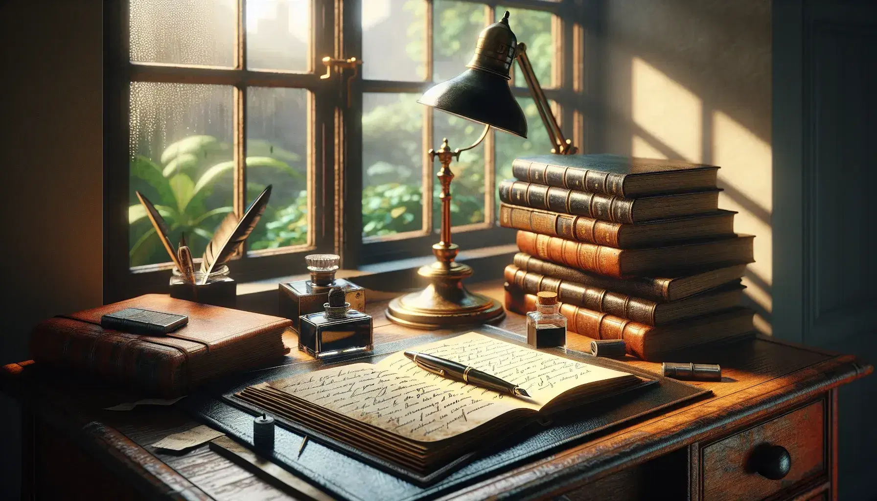 Vintage wooden desk with leather-bound notebook, fountain pen, inkwell, stacked books, and brass lamp by a window overlooking a serene garden.