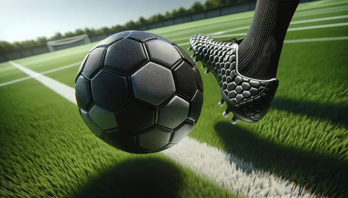 Balón de fútbol clásico en el aire a punto de ser golpeado por un botín deportivo sobre césped de campo de juego, bajo luz diurna.