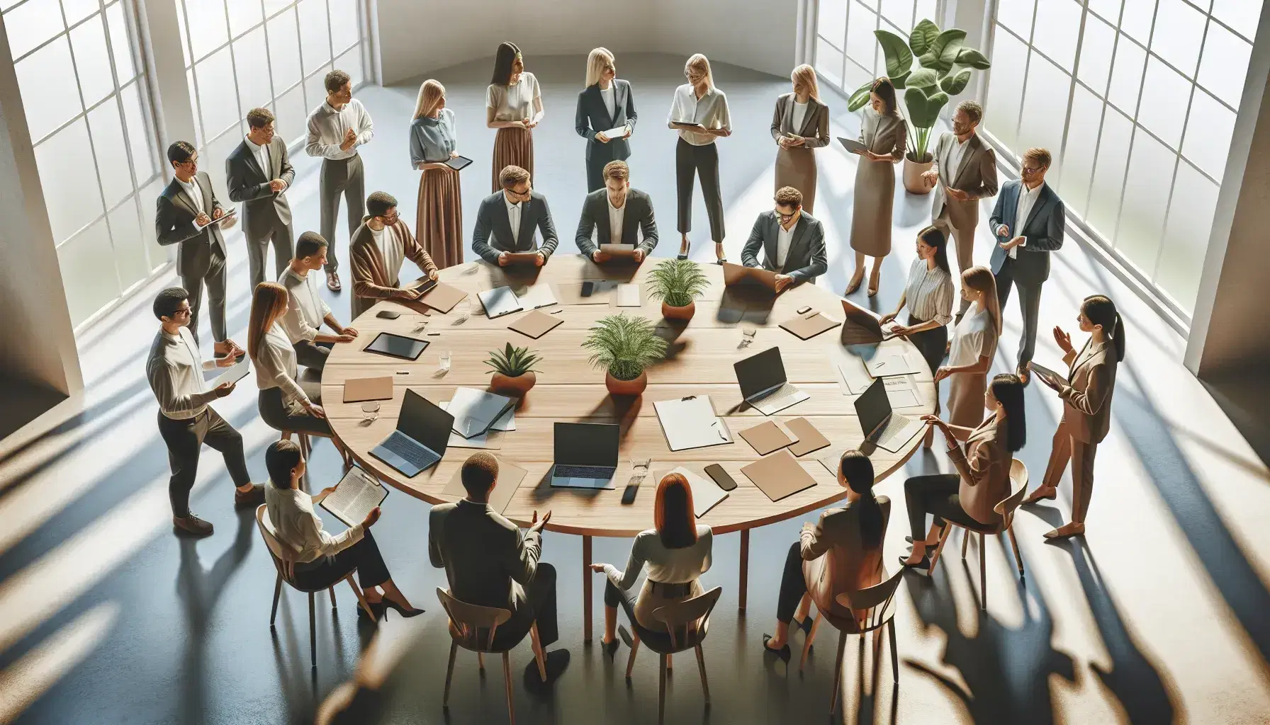 Grupo diverso de profesionales en reunión de trabajo alrededor de una mesa redonda con laptops y documentos, en un ambiente iluminado y colaborativo.