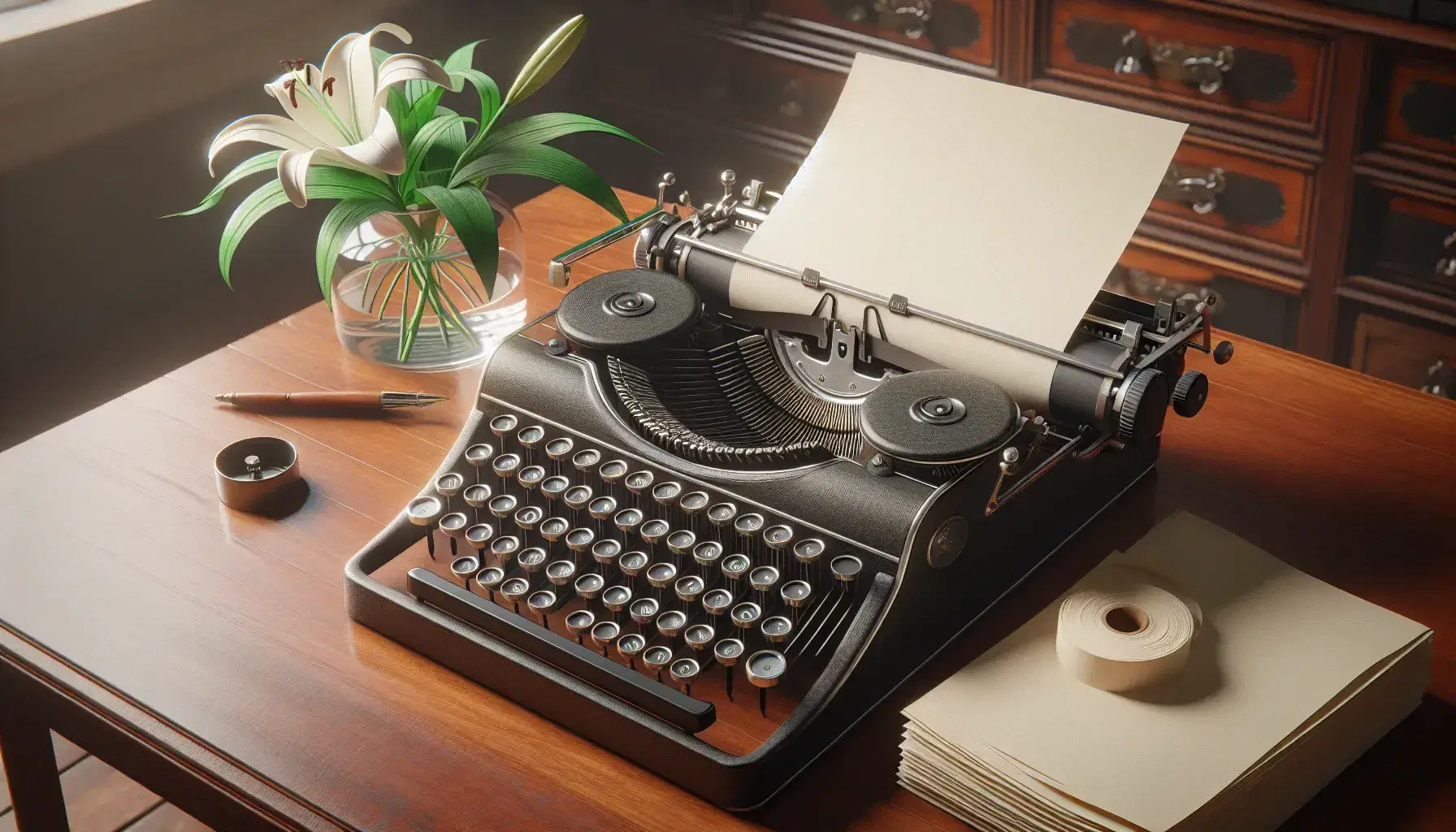 Vintage typewriter on a mahogany desk with blank paper, beside a vase of white lilies, against a backdrop of a bookshelf with hardcover books.