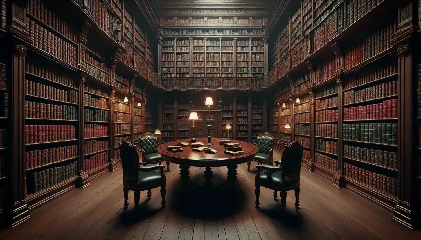 Biblioteca antica con scaffali in legno scuro pieni di libri rilegati, tavolo ovale in mogano e sedie con cuscini in velluto verde.