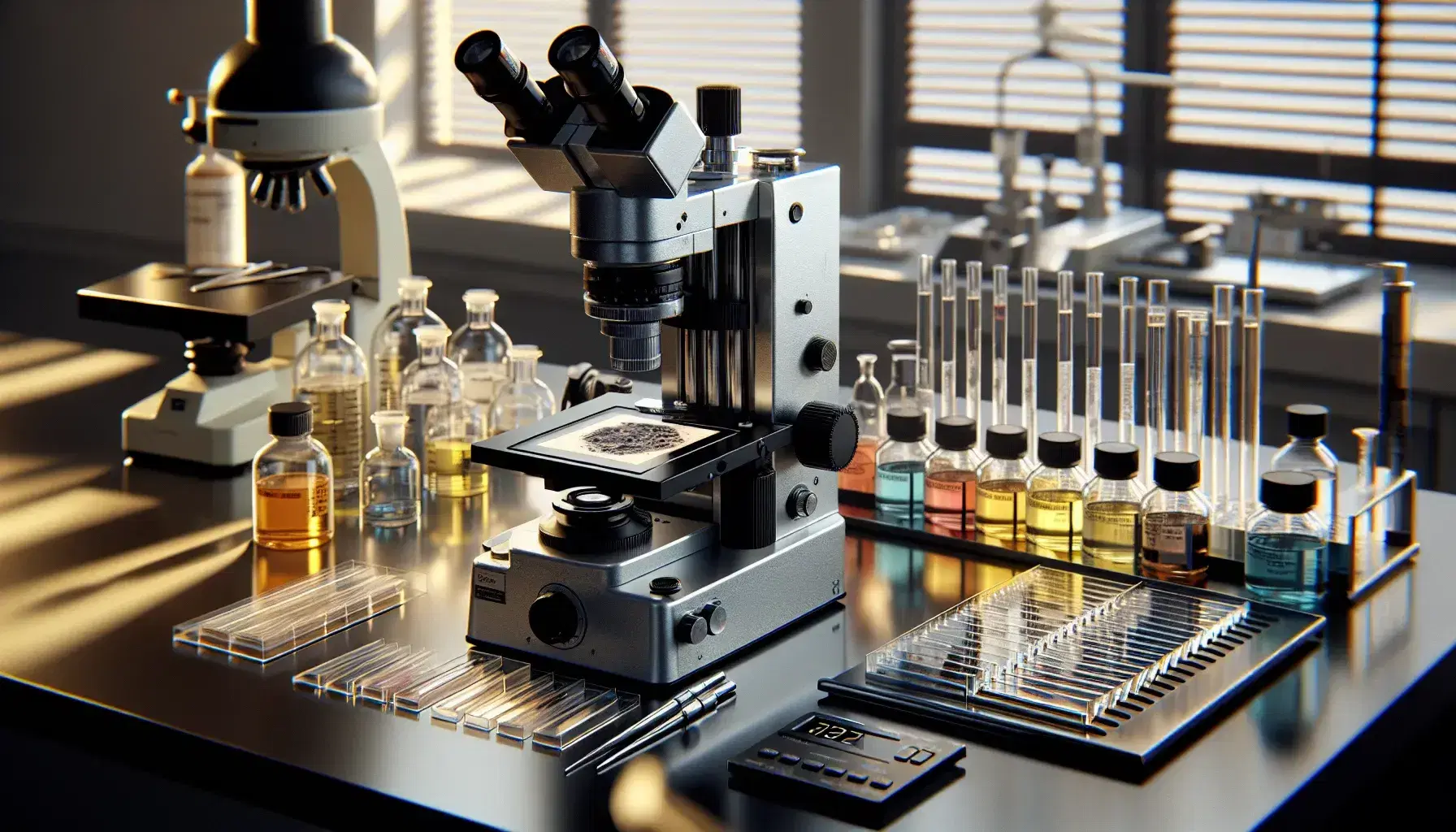 Laboratorio de histología con microtomo plateado, portaobjetos de vidrio, microscopio compuesto y frascos de tinciones, balance analítico y pipetas en fondo.