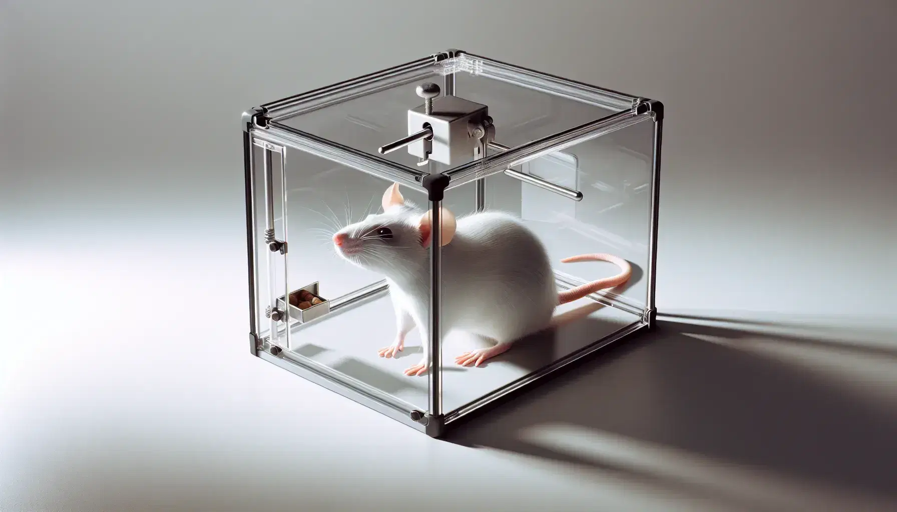 Rata de laboratorio blanca en una caja de Skinner transparente con bordes negros, parada sobre patas traseras frente a una palanca metálica y un comedero con pellets.