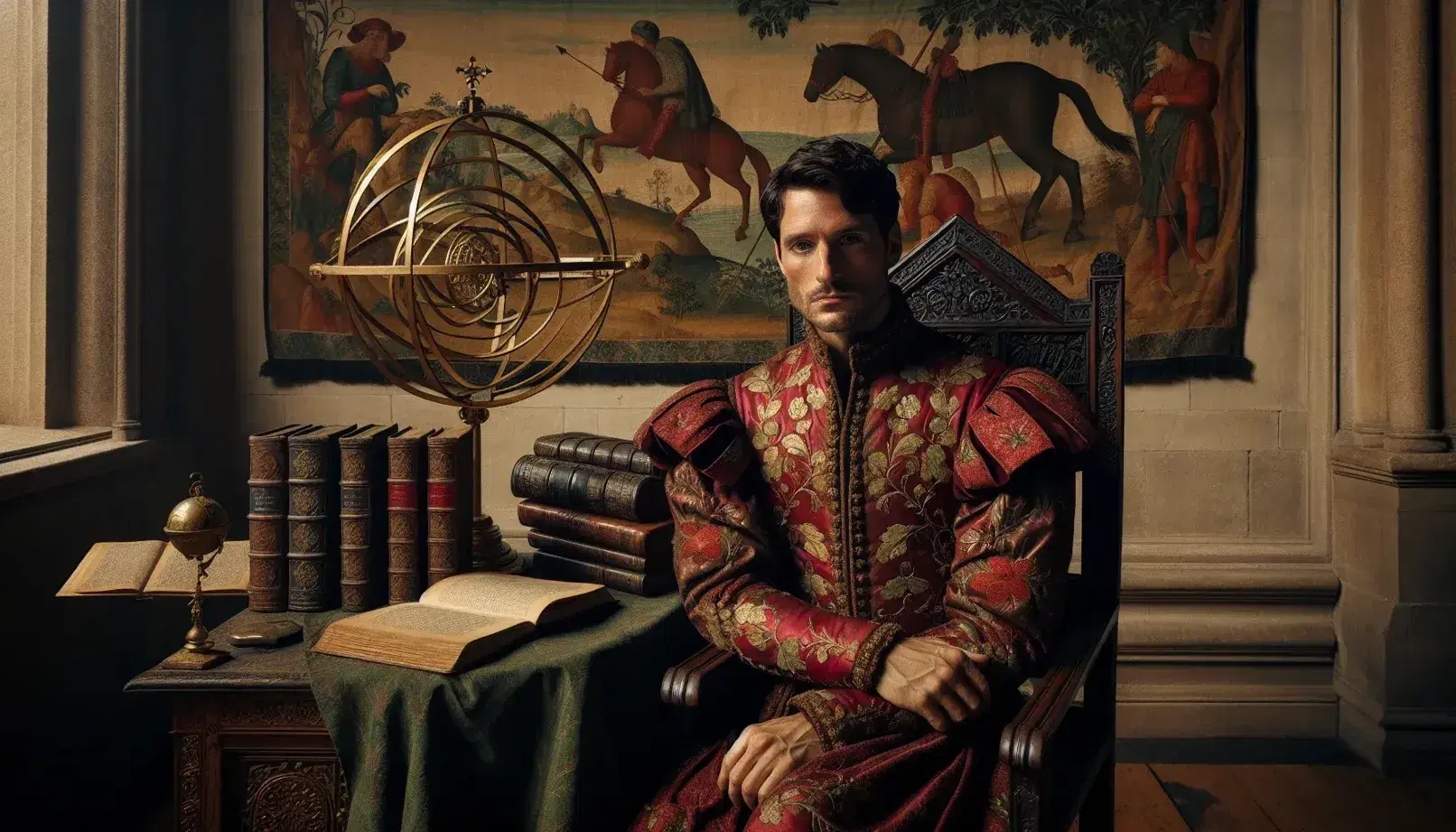 Ritratto uomo in abito rinascimentale rosso con decorazioni dorate seduto su sedia intagliata, accanto a libri antichi e sfera armillare dorata.