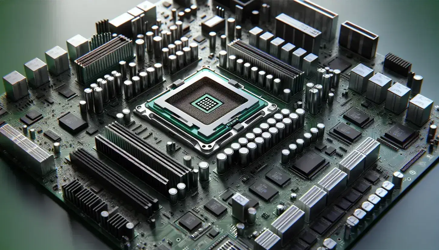 Close-up of a motherboard with a silver CPU socket, green RAM modules, cylindrical capacitors and empty expansion slots.