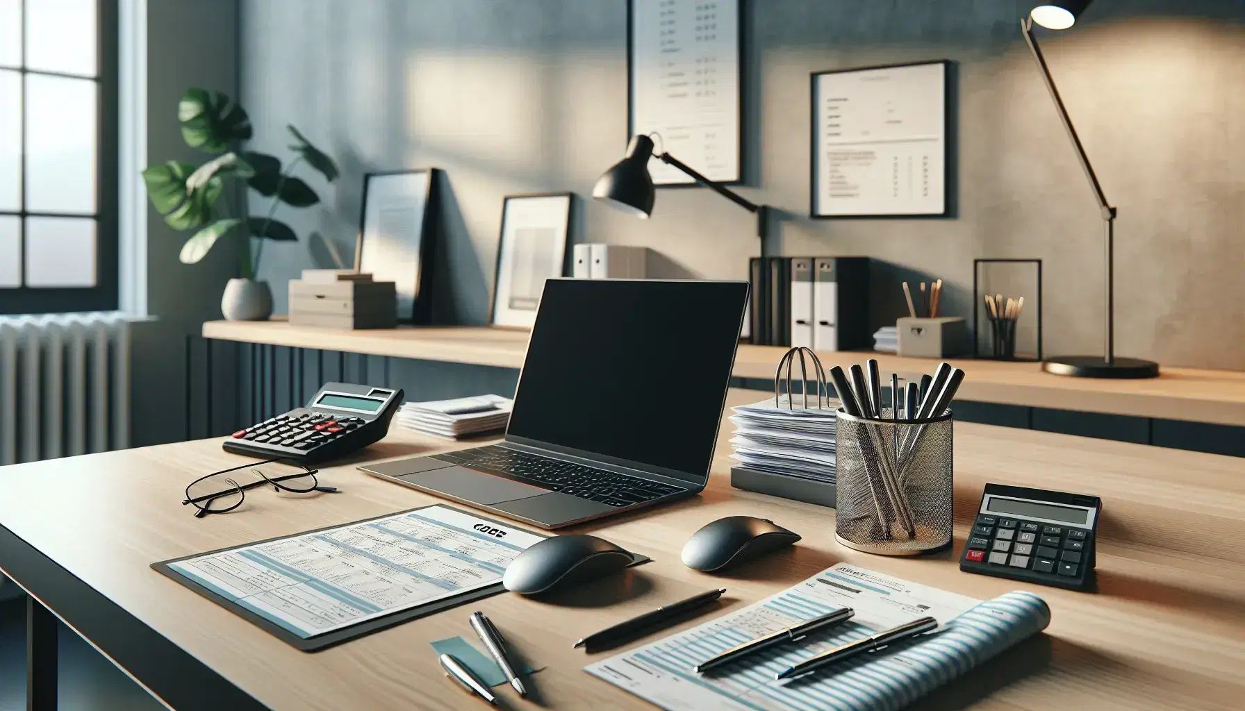 Ufficio moderno e luminoso con scrivania in legno chiaro, laptop aperto, mouse wireless, calcolatrice nera, telefono fisso e pianta verde.