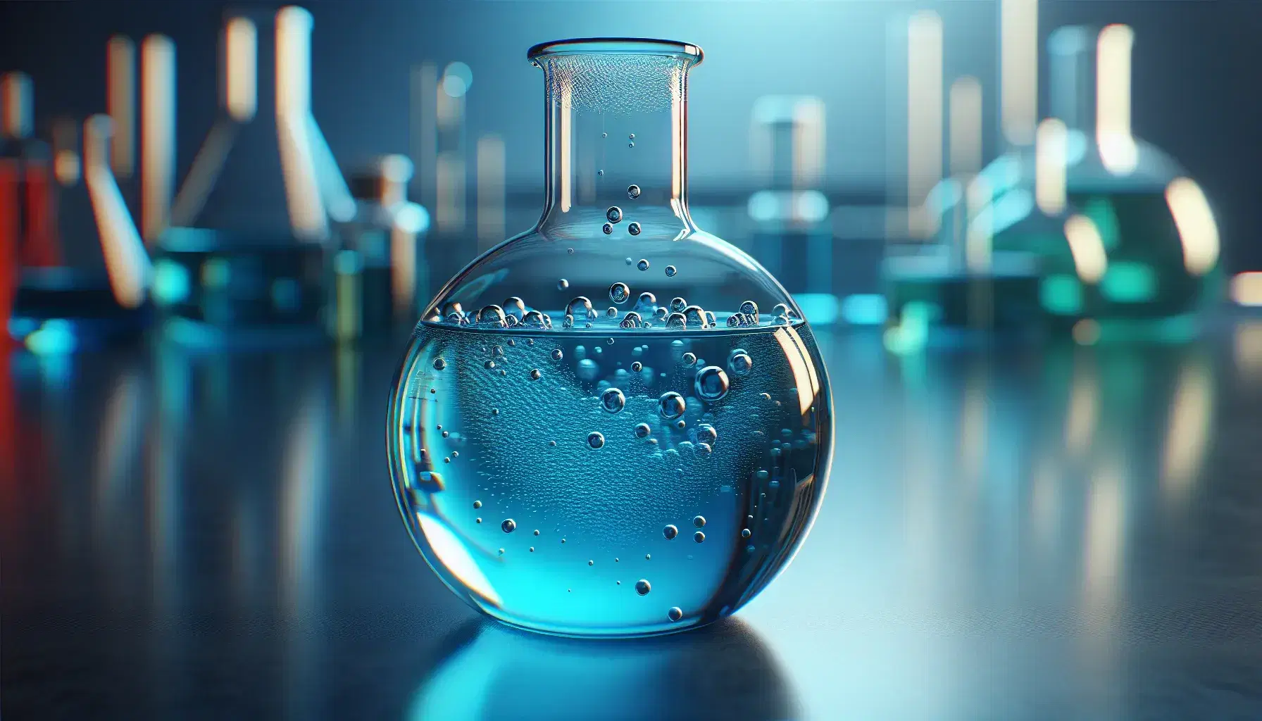 Glass flask with vibrant blue liquid and rising bubbles on reflective surface, blurred background from chemical laboratory.