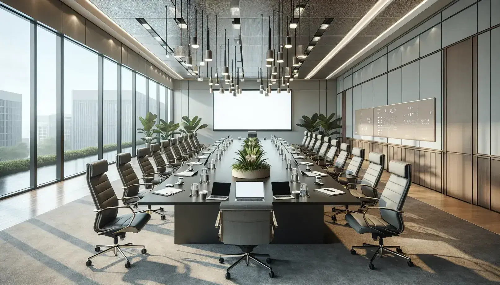 Sala de reuniones moderna y espaciosa con mesa rectangular, sillas ergonómicas grises, laptops, móviles y planta decorativa, iluminada por luz natural y artificial.