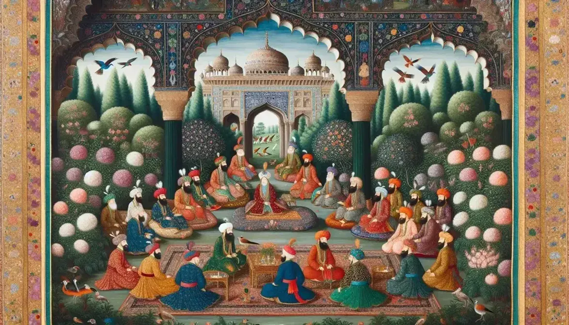 Mughal miniature painting depicting elegantly dressed courtiers in a lush garden with peacocks, under ornate palace arches on a serene day.