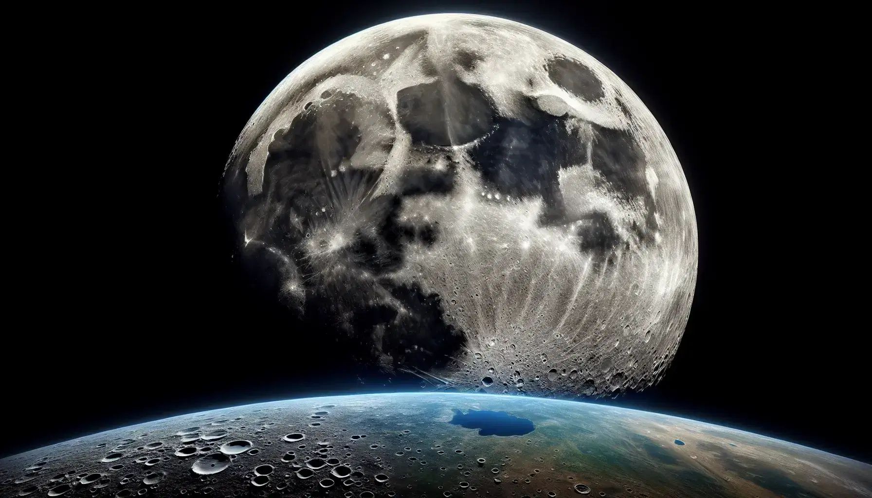 Vista spettacolare della Luna con dettagli geologici e Terra all'orizzonte, contrasto tra superfici lunari grigie e blu terrestre.