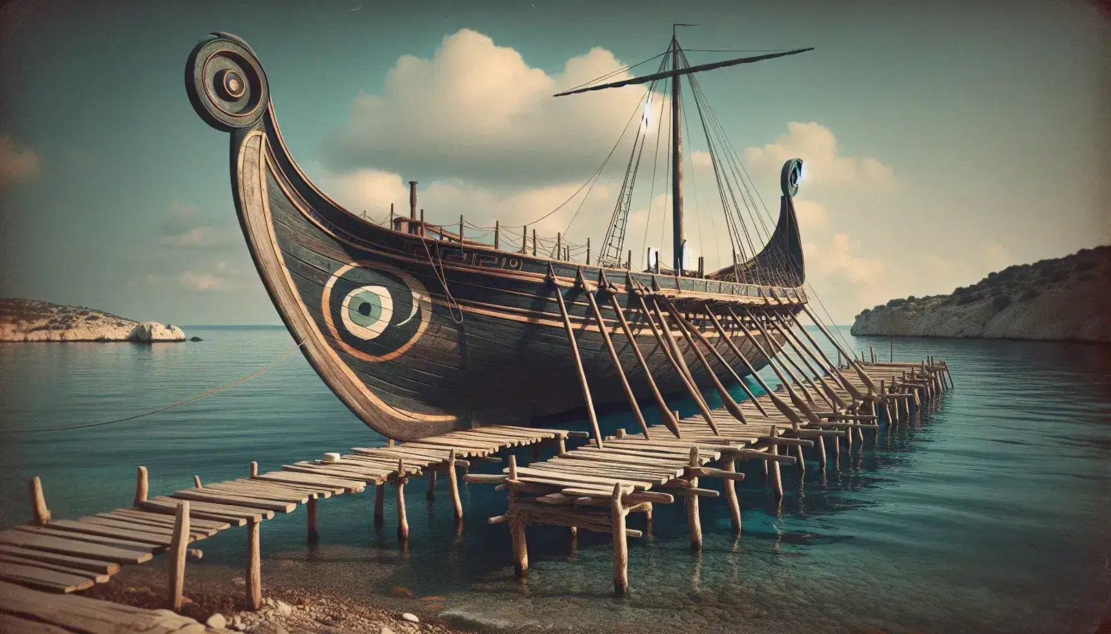 Riproduzione fotografica di una trireme ateniese antica ormeggiata a un molo di legno, con remi allineati e prua decorata con un occhio.