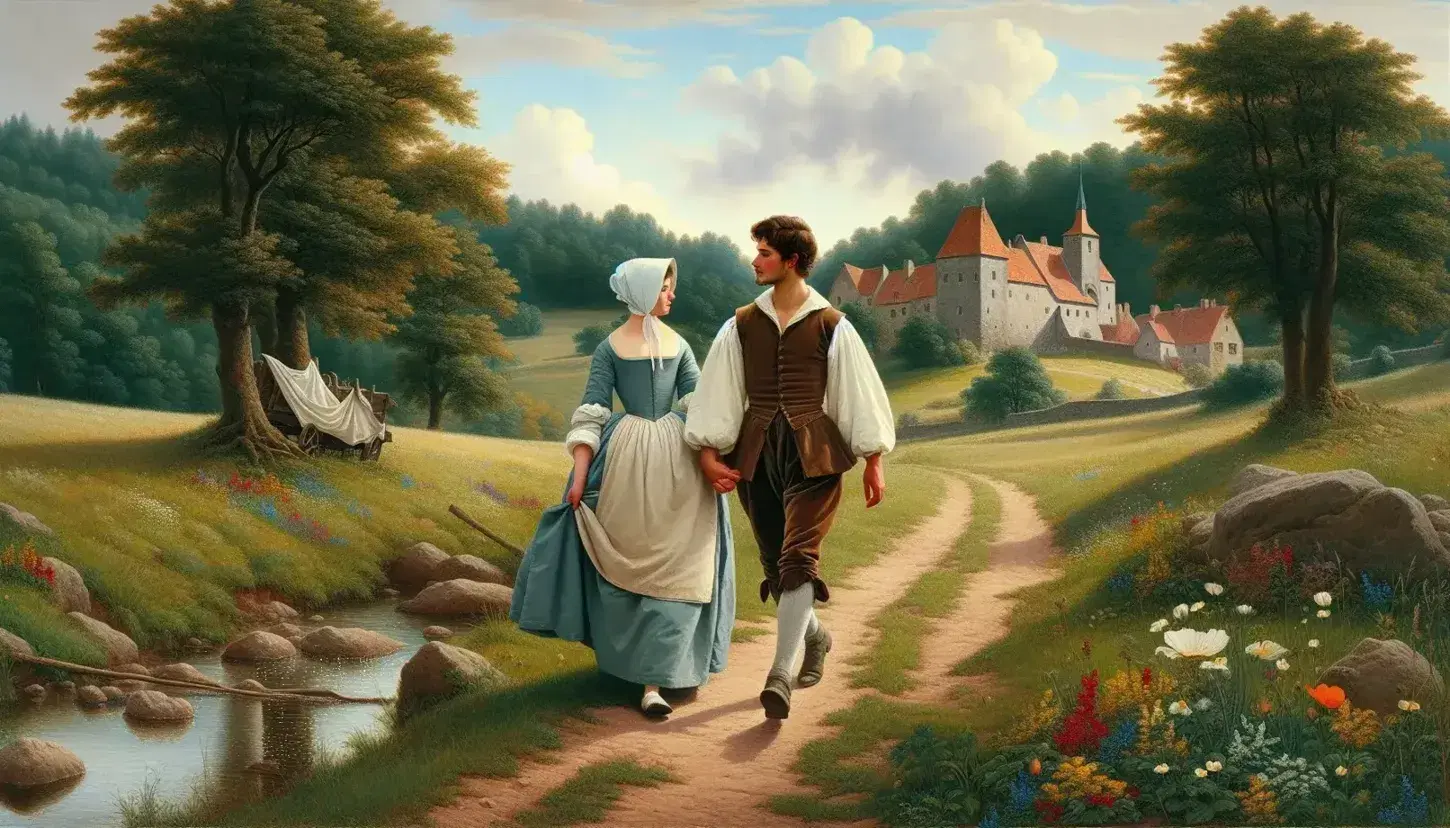 Giovane coppia in abiti d'epoca del XVII secolo passeggia mano nella mano su sentiero campestre, con villaggio medievale sullo sfondo e natura rigogliosa.