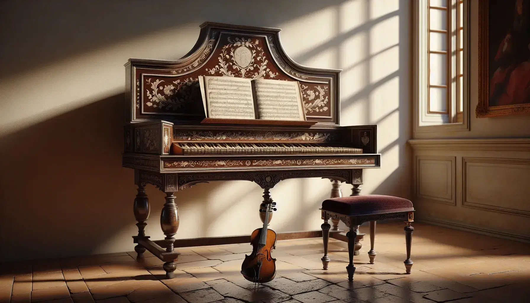 Clavicembalo barocco con intarsi e decorazioni floreali, spartito aperto sopra, violino e arco su sgabello e busto marmoreo di compositore sullo sfondo.
