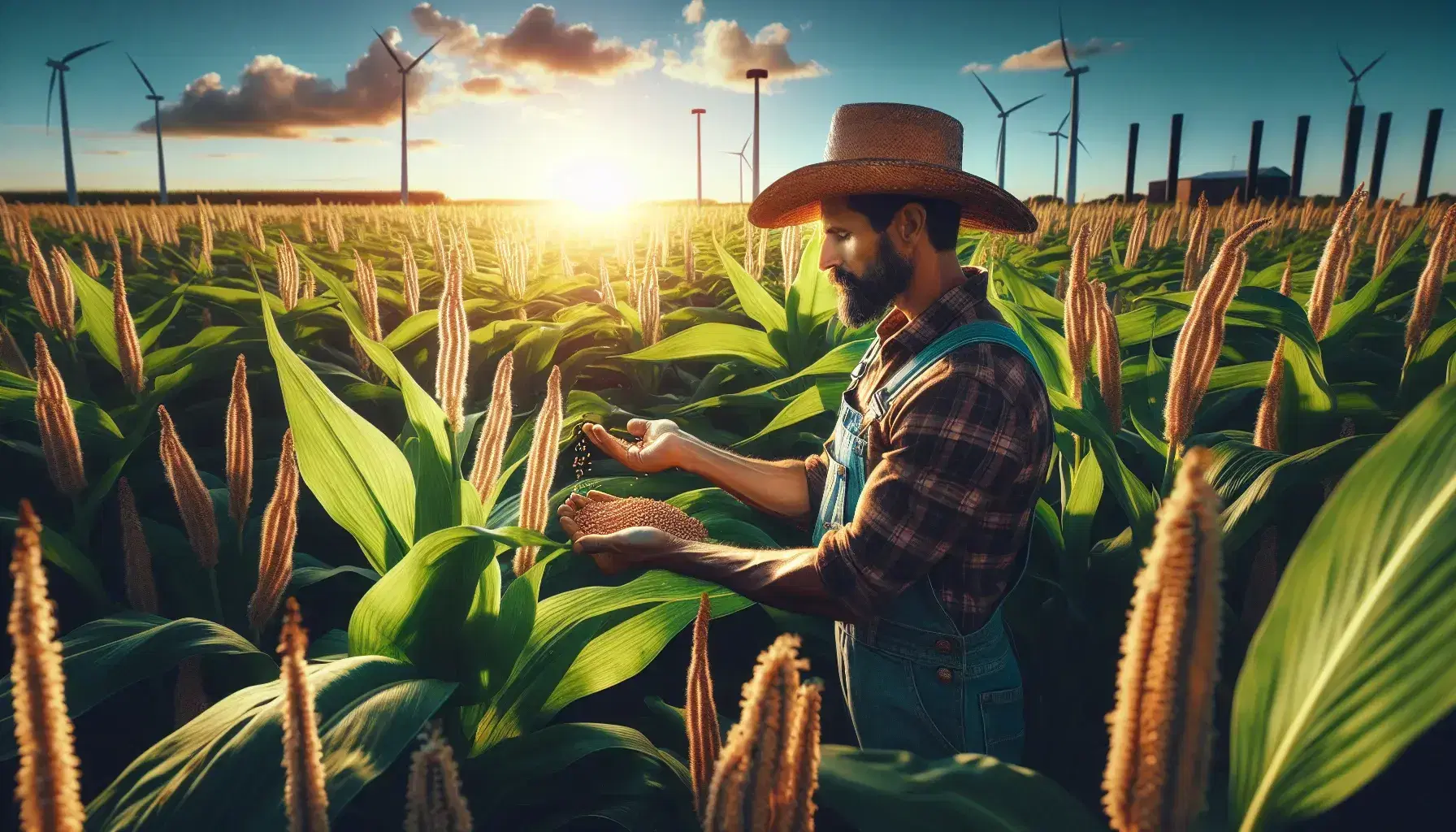 Hispanic farmer examines seeds in sunlit field with towering crops and wind turbines in the background, showcasing sustainable agriculture.