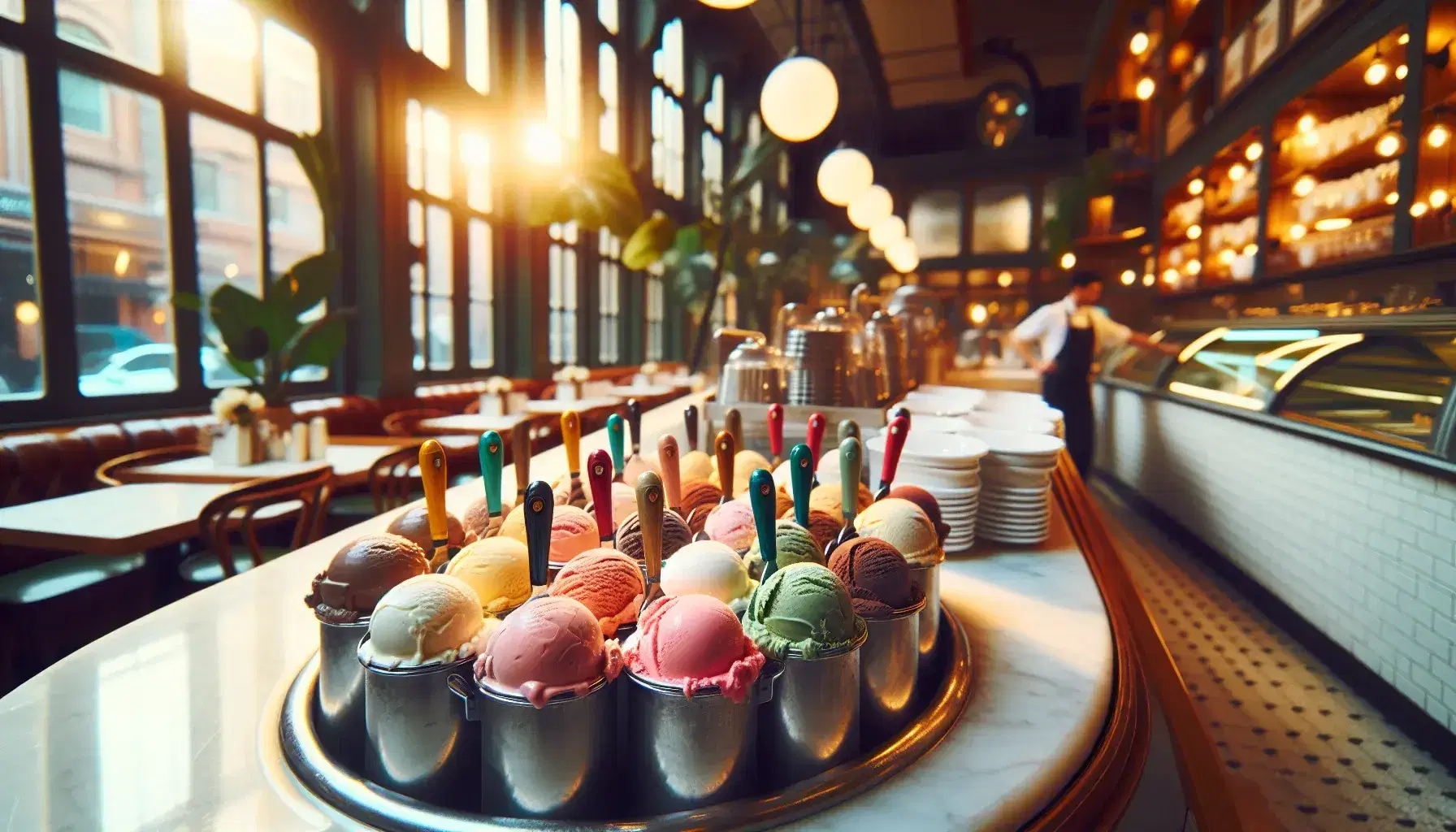 Vetrina gelateria con gusti variopinti in contenitori semicircolari, palette gelato colorate appese sopra, sfondo ristorante accogliente.