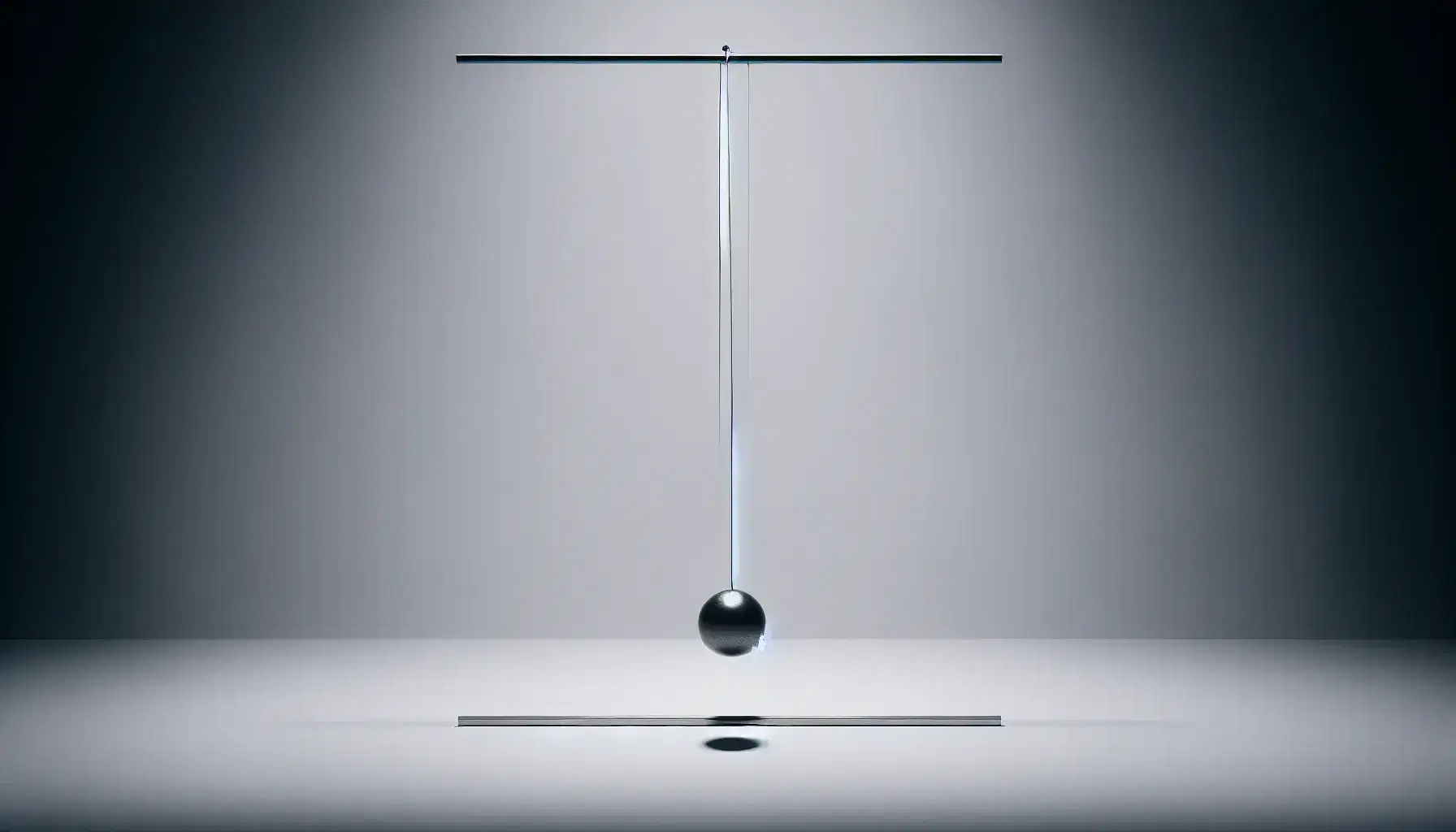 Simple pendulum with a matte black iron bob and silver steel rod in equilibrium, casting a shadow on a white background, highlighting its geometry.